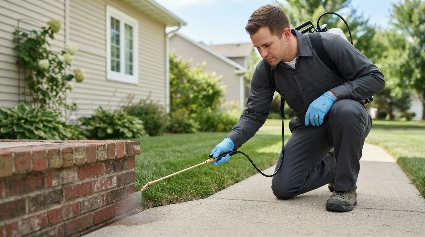 Pest control technician treating a home near De Kalb Junction, NY